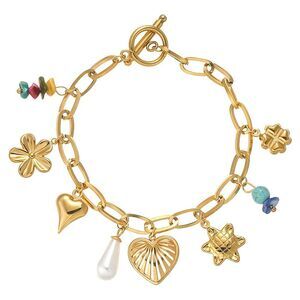 18K Gold Plated Women's Charm Bracelet Heart Sun Flower Beads Hypoallergenic